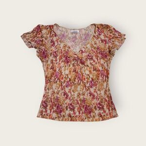 Vintage Y2k A. Byer orange floral print slightly sheer flutter sleeve shirt